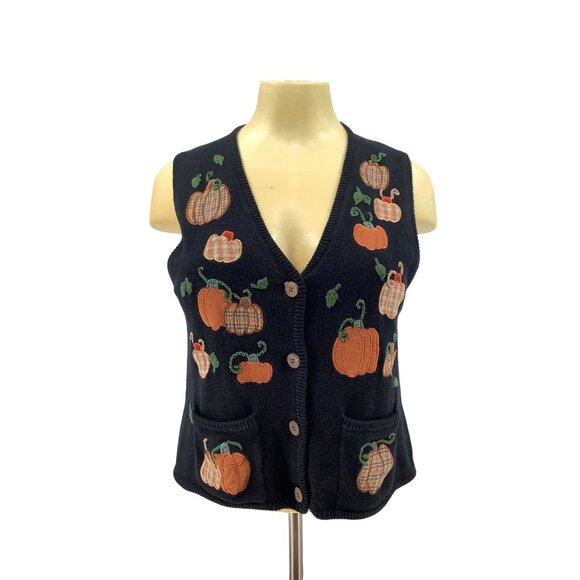 Mandal Bay Sweaters - Vintage 90’s Art To Wear Black Knit Vest Appliqué Pumpkins Fall Thanksgiving XL